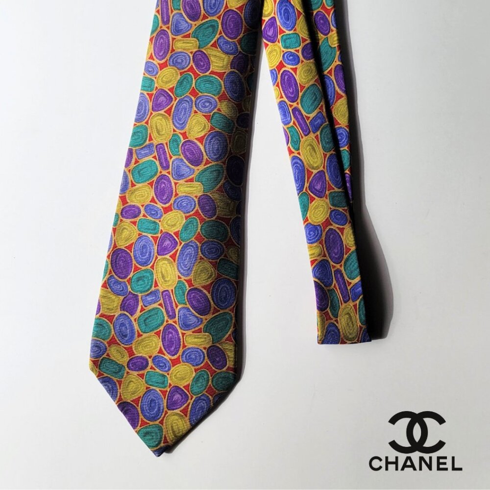 CHANEL Men's Vintage Tie 100% Silk Made in Italy yellow stars & planets CHANELs